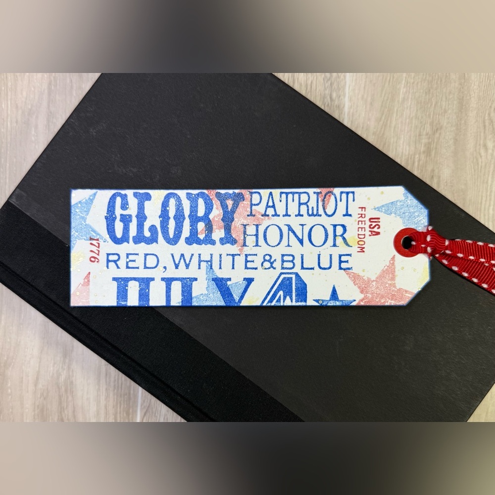 Handcrafted Hand Stamped Patriotic Bookmaker with Ribbon